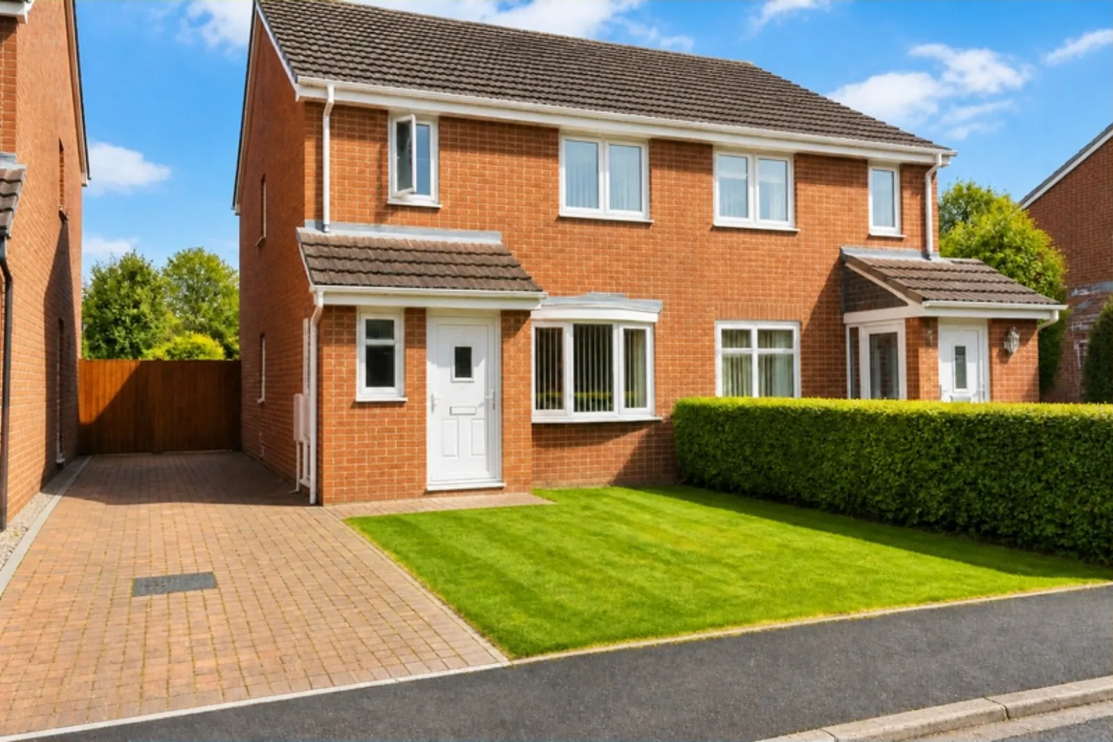 Red-brick semi on a modern estate with a neat new front lawn beside a block-paved drive