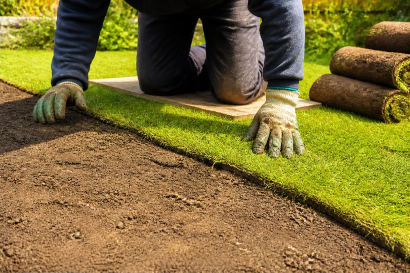 Gloved hands pressing a strip of new turf onto levelled soil, with turf rolls stacked alongside