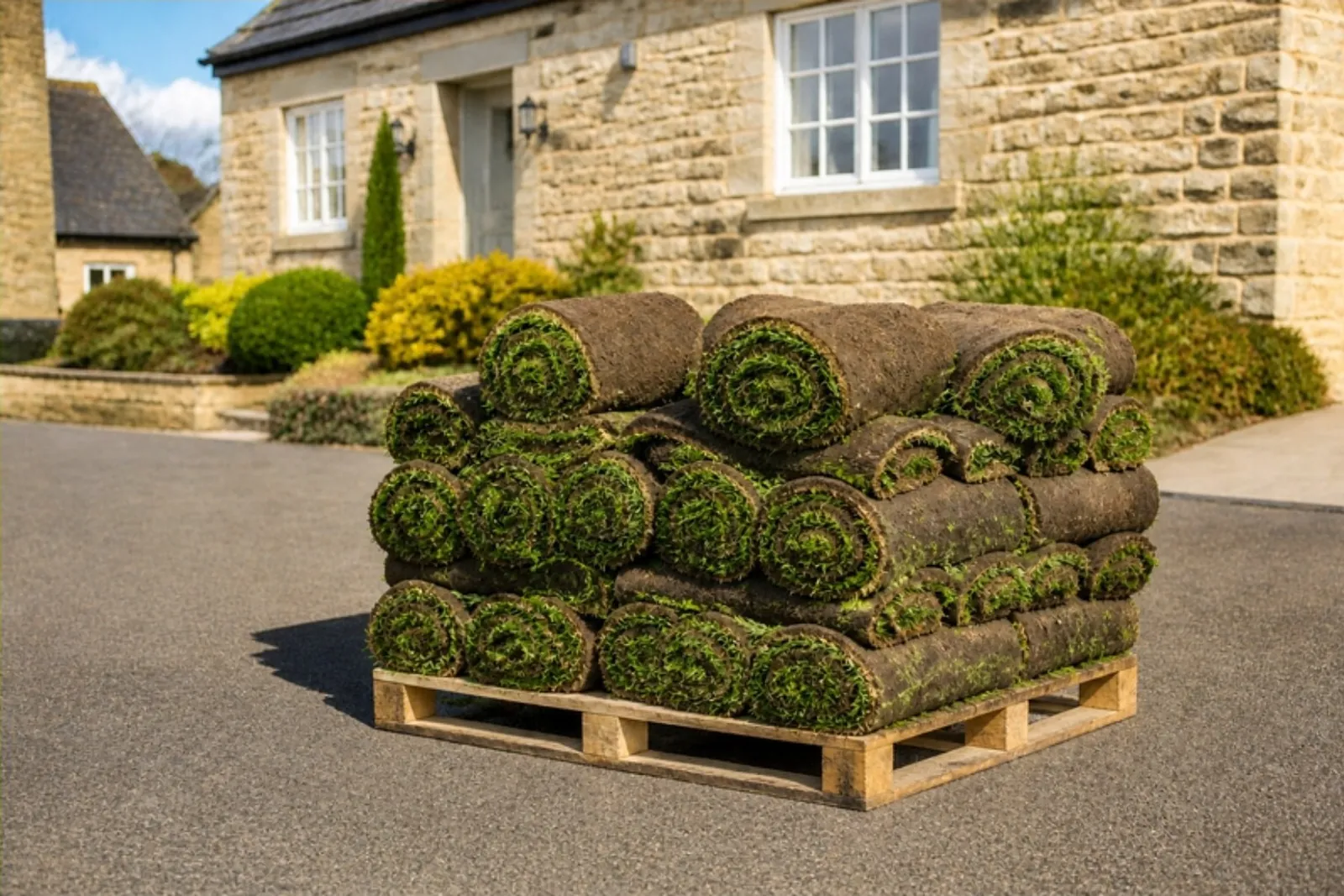 Pallet stacked with rolled turf on a wet tarmac drive in front of a stone-built house